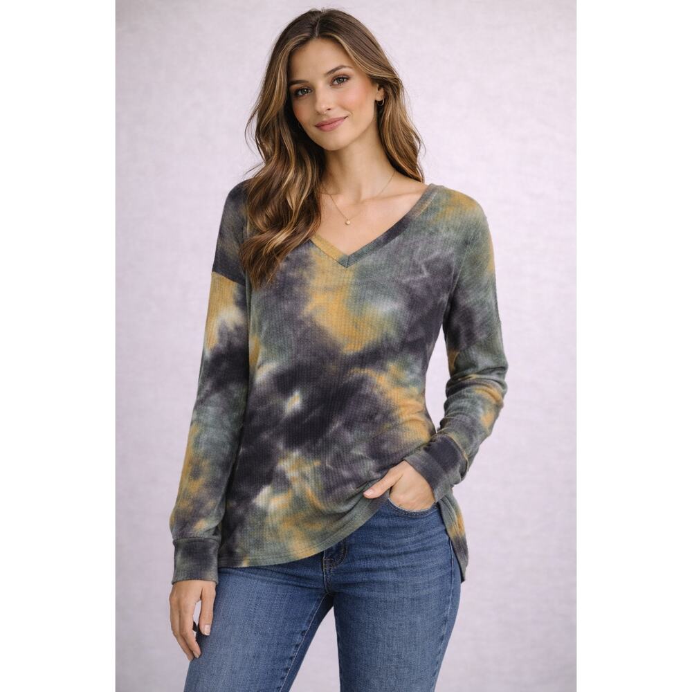 Bib! Moody Tye Dye Waffle Knit V-Neck Soft Long Sleeve Oversized M/L